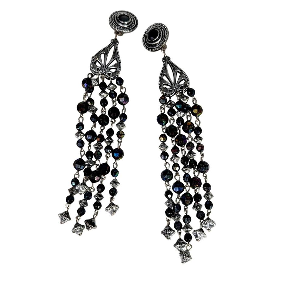 Vtge 70'sShoulder duster earrings 7" Black Aurora bicone beads Width 7/8" EVC